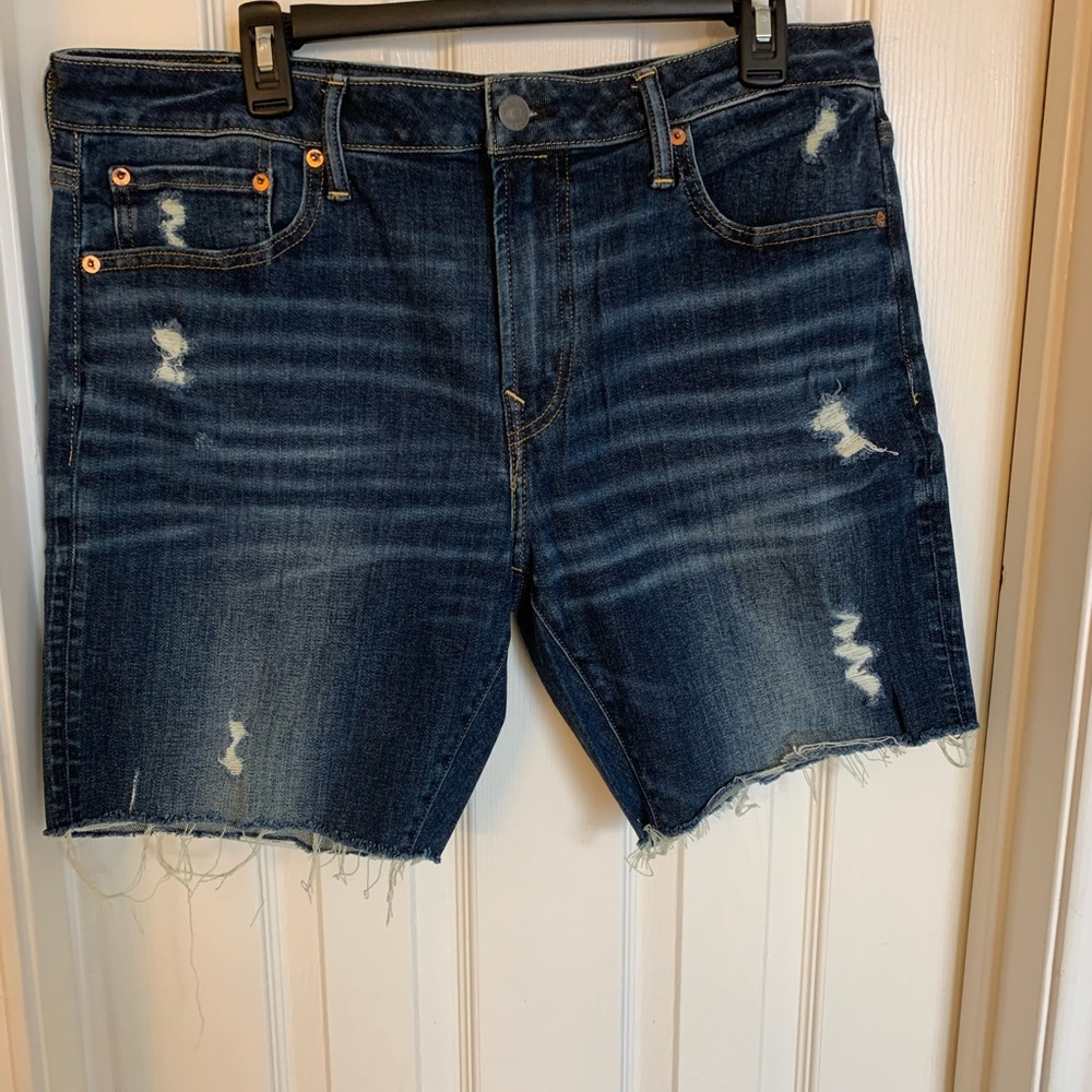 American Eagle AIRFLEX DISTRESSED Dark DENIM Cut Off Shorts 36 x7 Athletic Fit
